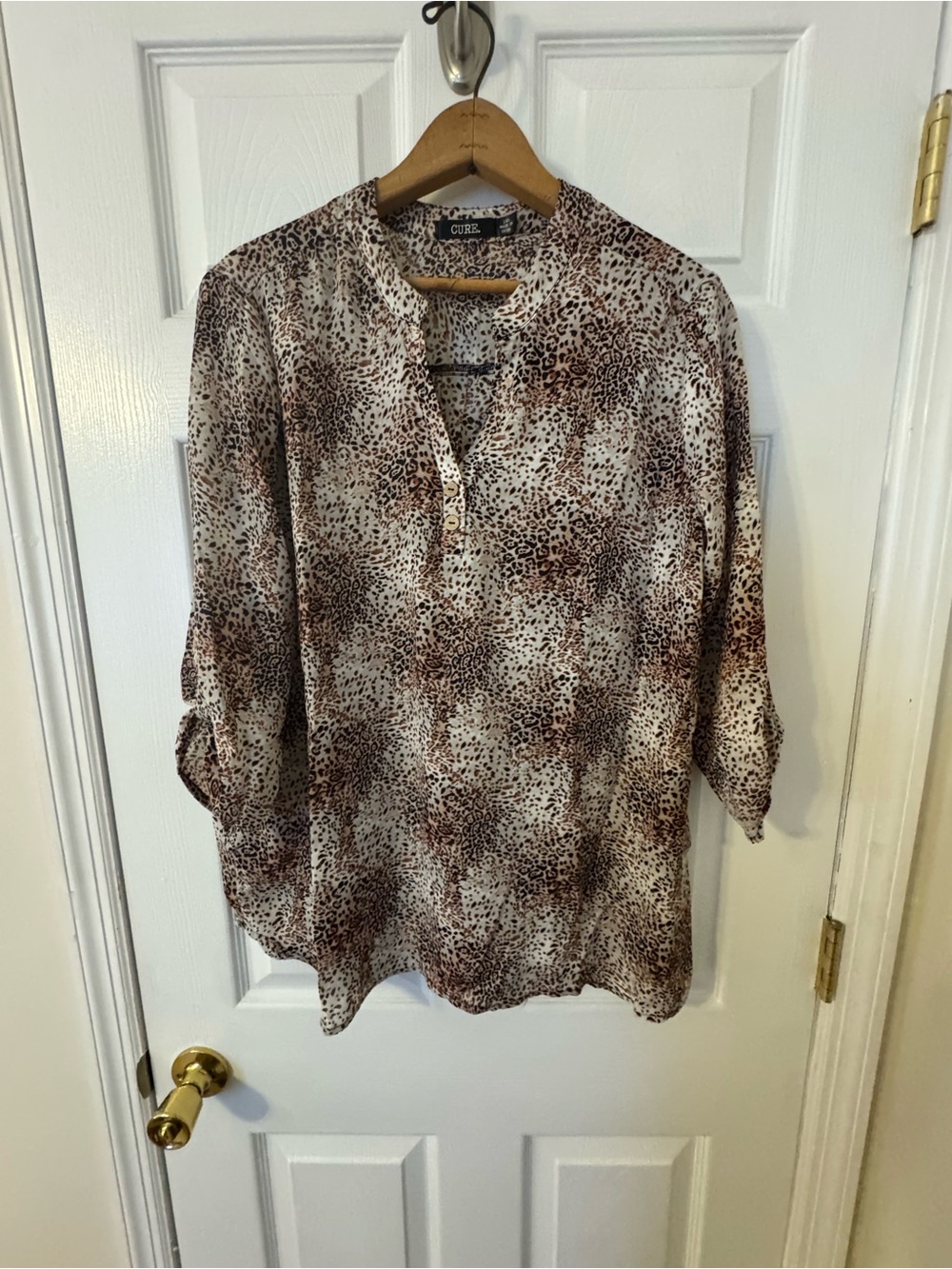 CURE Brown Animal-Print Henley Blouse